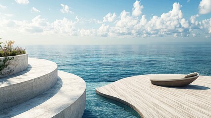Obraz premium Tranquil Ocean View With Modern Lounger And Steps