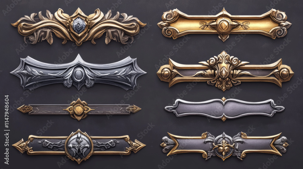 Poster game frames, silver and gold ui borders evolution from simple to luxury plaque with elegant curvy ri