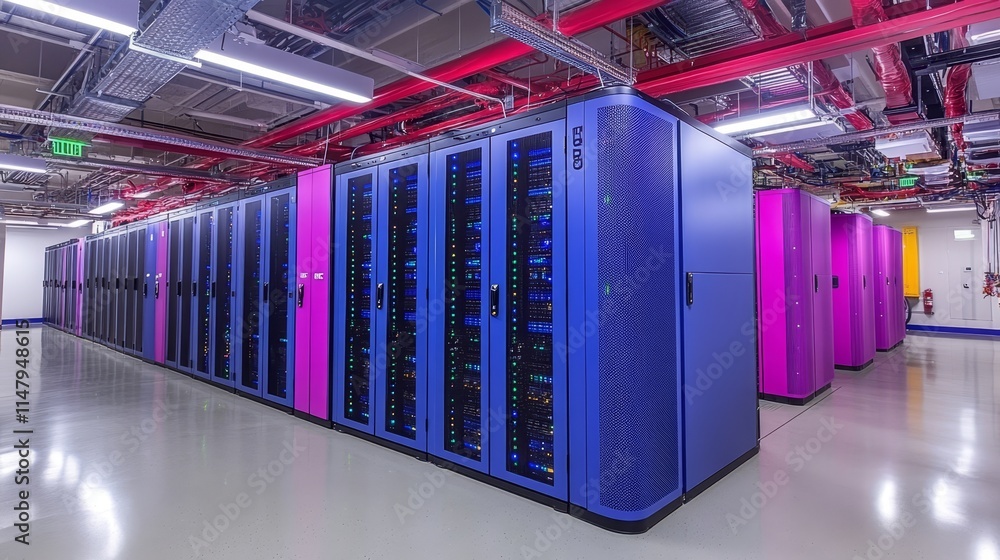 Poster modern data center equipped with vibrant server racks in a high-tech facility during daytime operati
