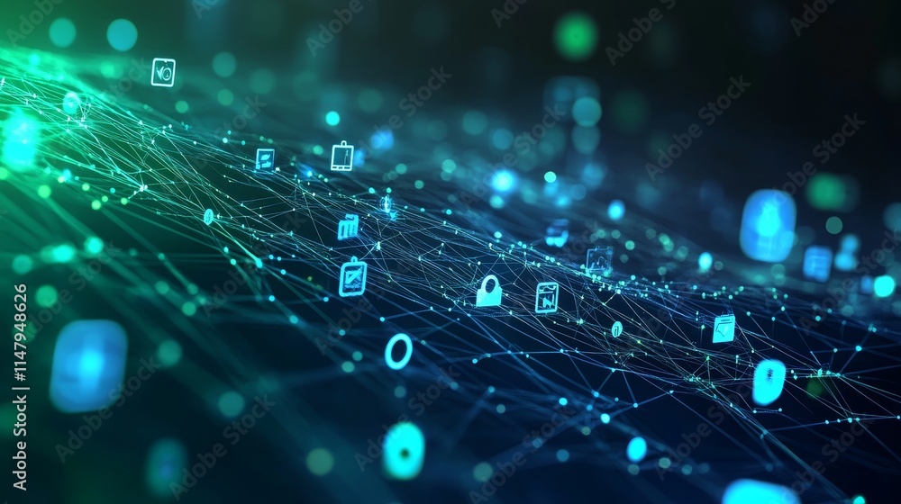 Poster digital network connections with glowing icons representing technology and data flow in a futuristic
