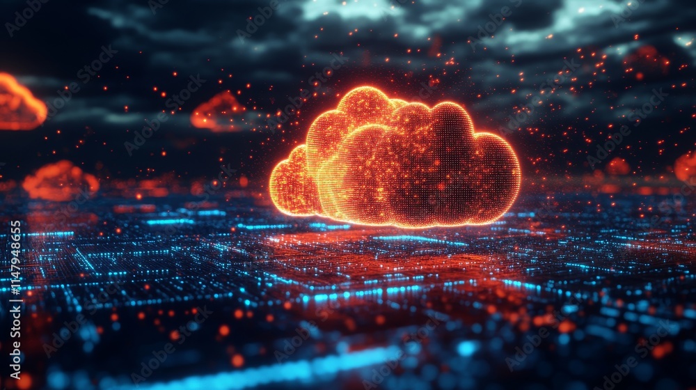 Poster digital cloud computing concept over a futuristic cityscape with glowing data connections and vibran
