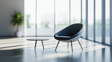 Minimalist modern lounge with sleek, open design. Featuring clean lines and muted colors