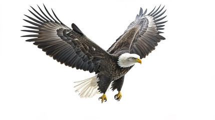 Fototapeta premium Majestic American bald eagle flying with wings spread wide in white background