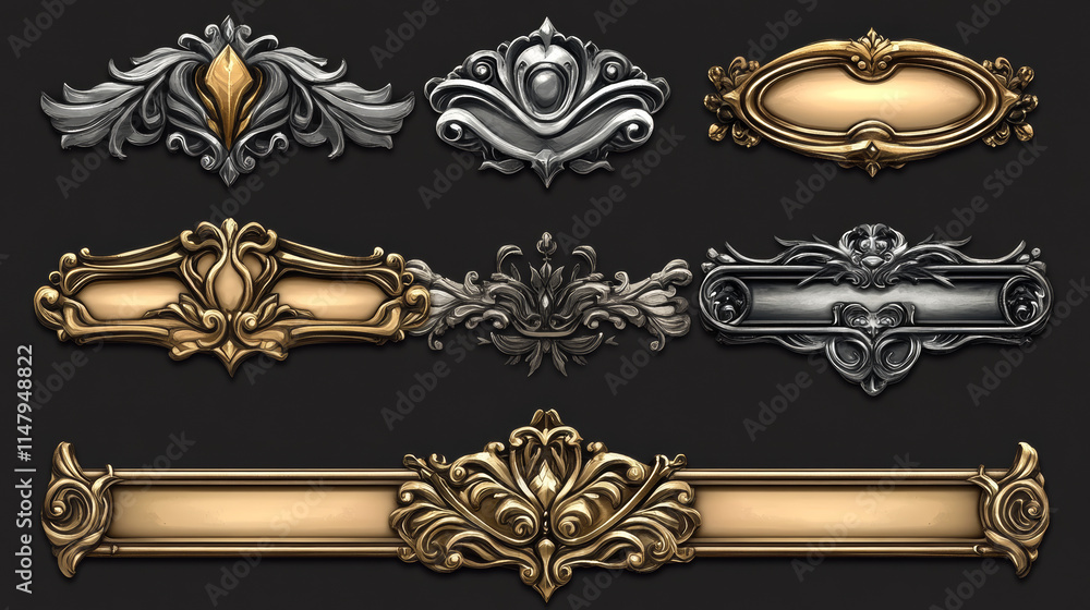Poster game frames, silver and gold ui borders evolution from simple to luxury plaque with elegant curvy ri