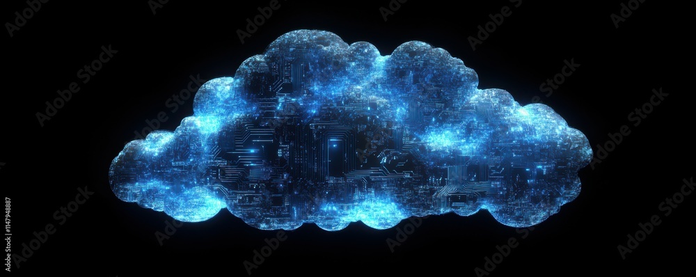 Poster cloud made from glowing blue digital data streams, with circuit board patterns on the clouds, agains