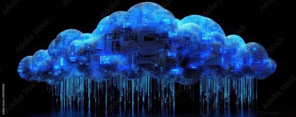Poster cloud made from glowing blue digital data streams, with circuit board patterns on the clouds, agains