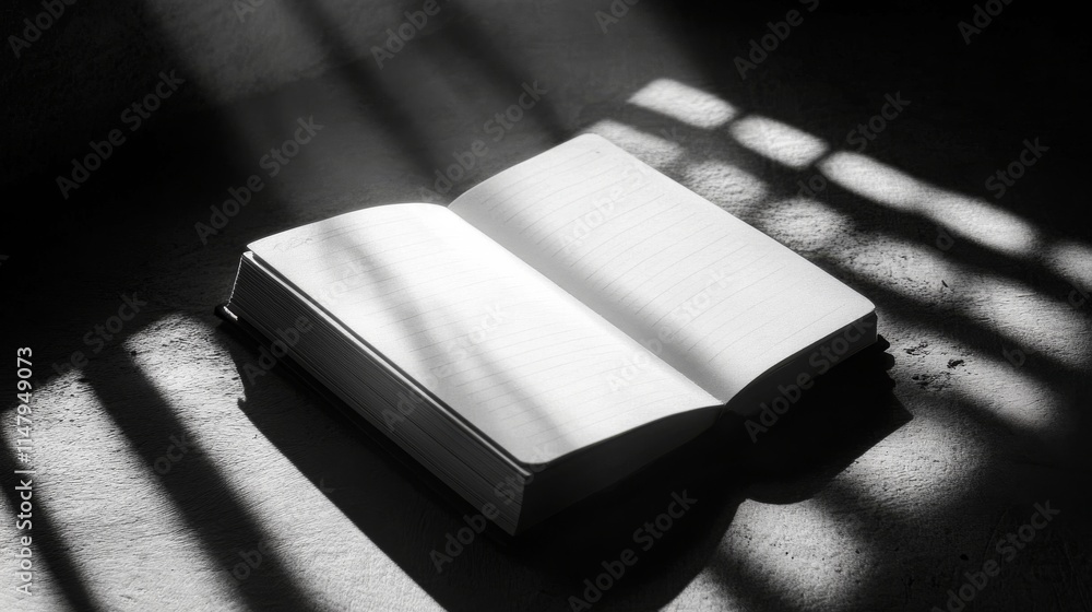 Poster a book is open to a page with a single word on it. the book is laying on a table with sunlight shini