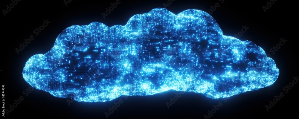 Poster cloud made from glowing blue digital data streams, with circuit board patterns on the clouds, agains