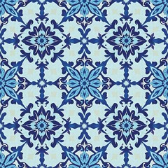 Blue and White Floral Tile Pattern: A timeless and elegant seamless pattern featuring intricate blue and white floral designs. Perfect for interior design, textiles, wallpaper, and more.  