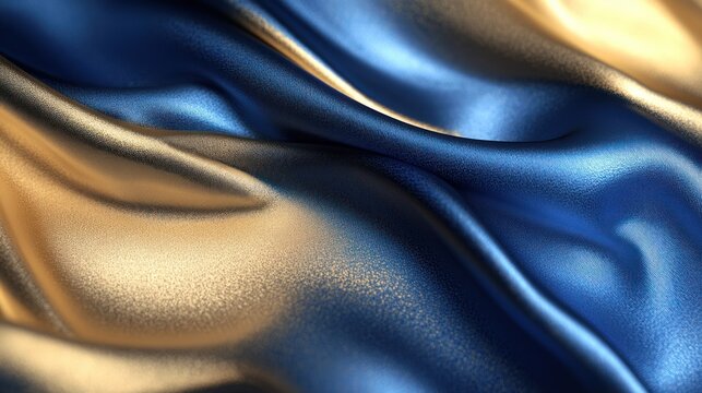 Abstract blue and gold silk fabric waves.