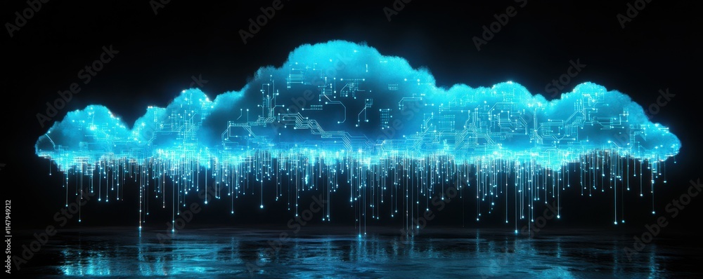 Poster cloud made from glowing blue digital data streams, with circuit board patterns on the clouds, agains