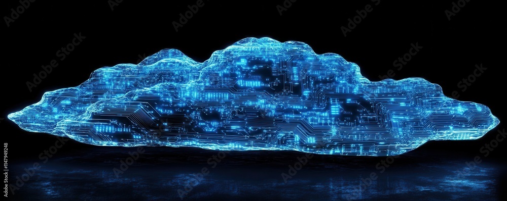 Poster cloud made from glowing blue digital data streams, with circuit board patterns on the clouds, agains