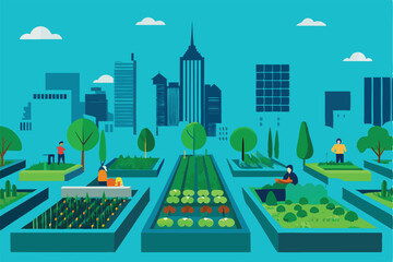 Show vibrant urban rooftop gardens thriving, showcasing diverse vegetables and fruits, highlighting community involvement in food security initiatives.