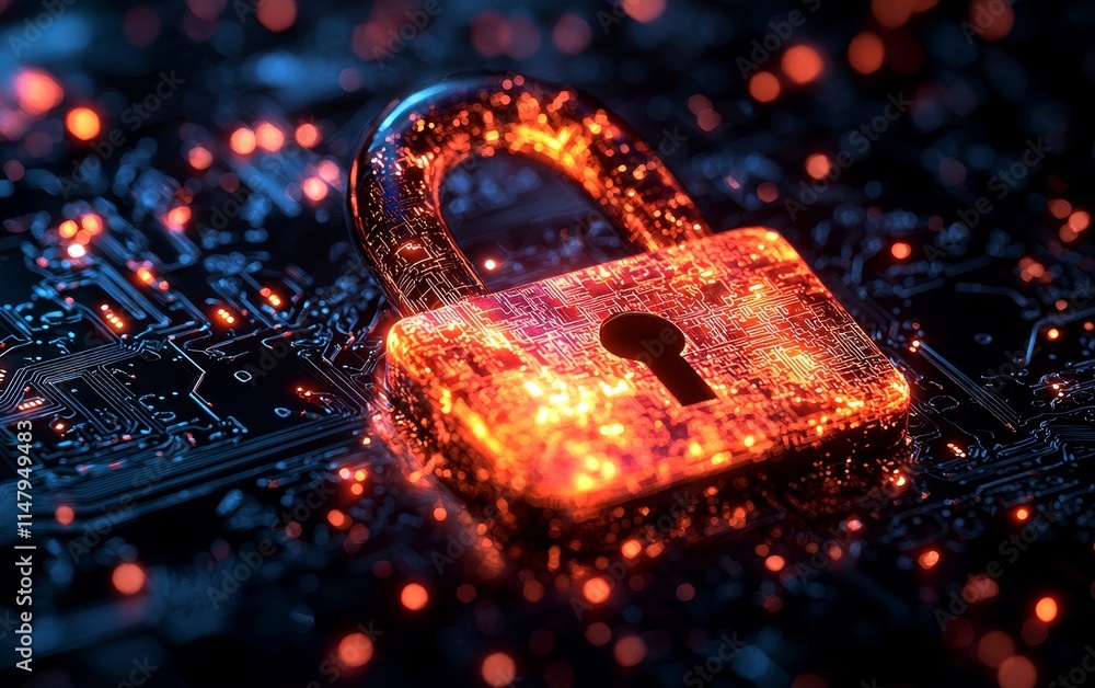 Poster digital security lock illuminated on a circuit board with glowing data elements in a futuristic tech