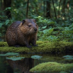 Obraz premium A beaver cub with fur that changes color like a chameleon in a lush rainforest clearing.
