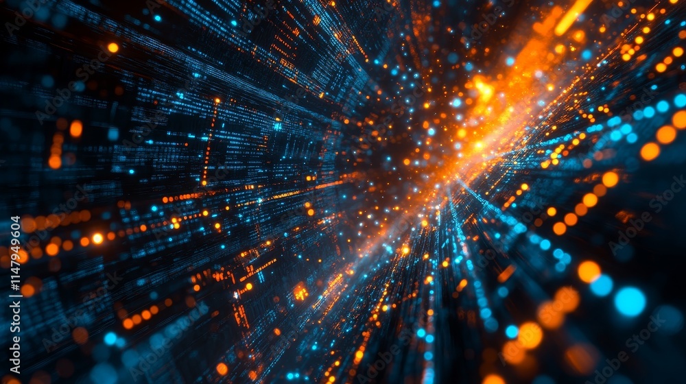 Poster colorful abstract patterns of glowing particles in a digital space environment with bright illuminat