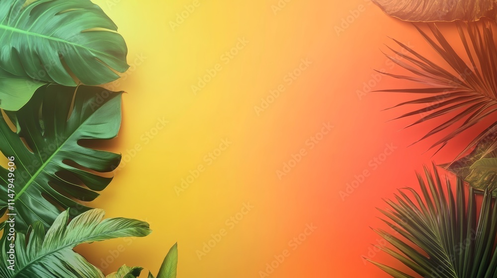 Poster a vibrant yellow background with a variety of green leaves scattered throughout the scene. the leave