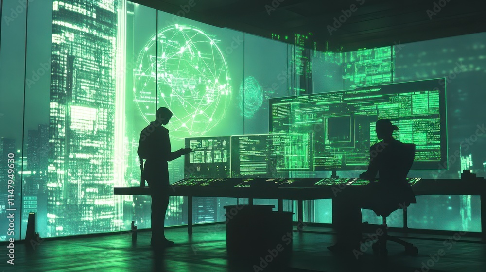 Poster two hackers working late at night in a futuristic office with green screens displaying data and a ci