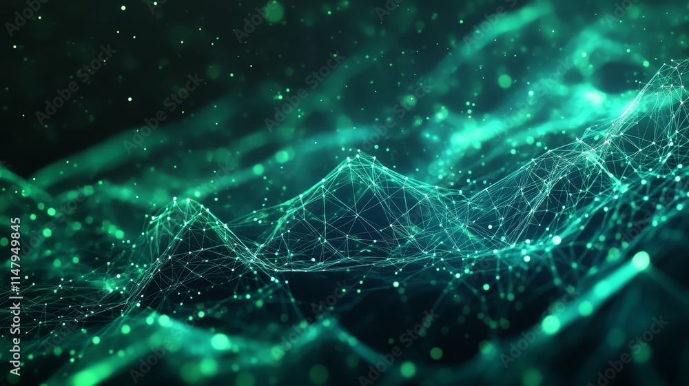 Poster abstract digital landscape with vibrant green and blue patterns showcasing interconnected lines and 