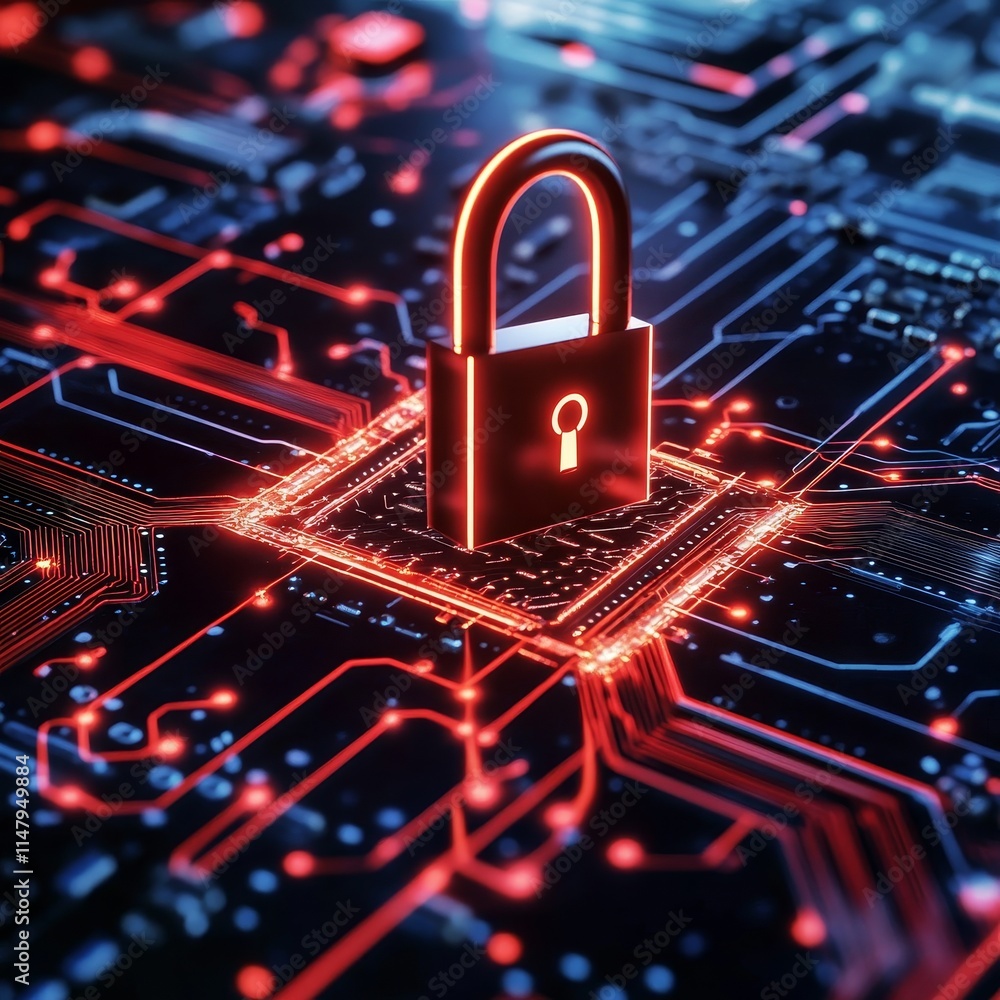 Poster digital security concept with a glowing padlock on a microchip surrounded by circuits and data strea