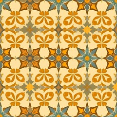Intricate Floral Tile Pattern: A seamless pattern of ornate, symmetrical flowers in a vibrant palette of ochre, teal, and brown.