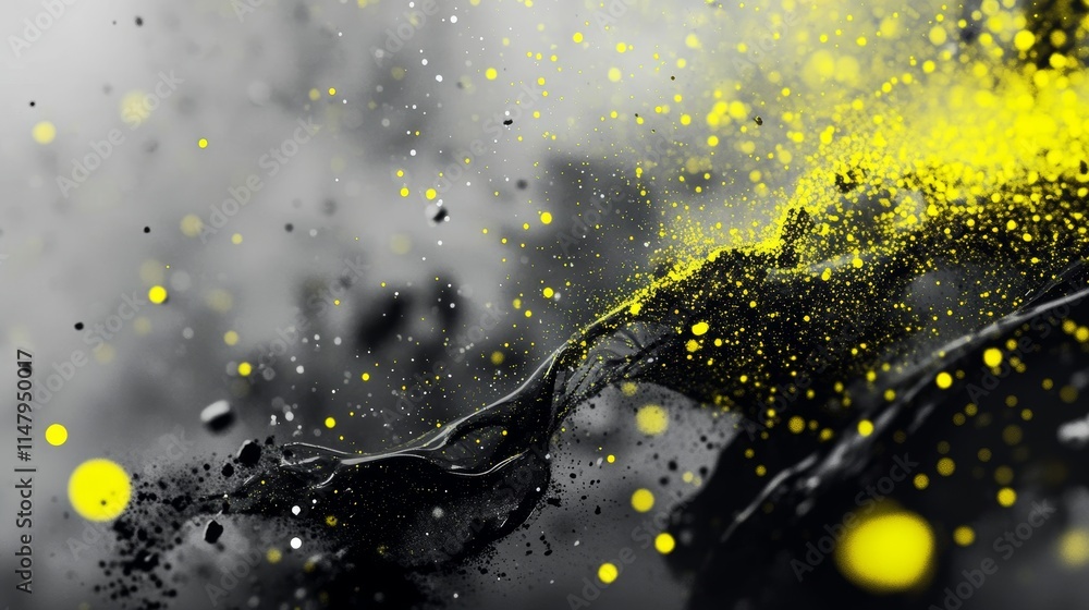 Poster abstract representation of vibrant yellow and black splashes in a dynamic composition against a dark