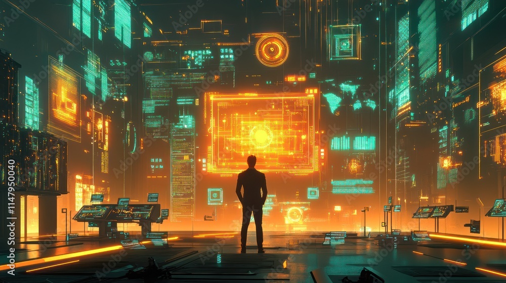 Poster man observing futuristic digital interface.