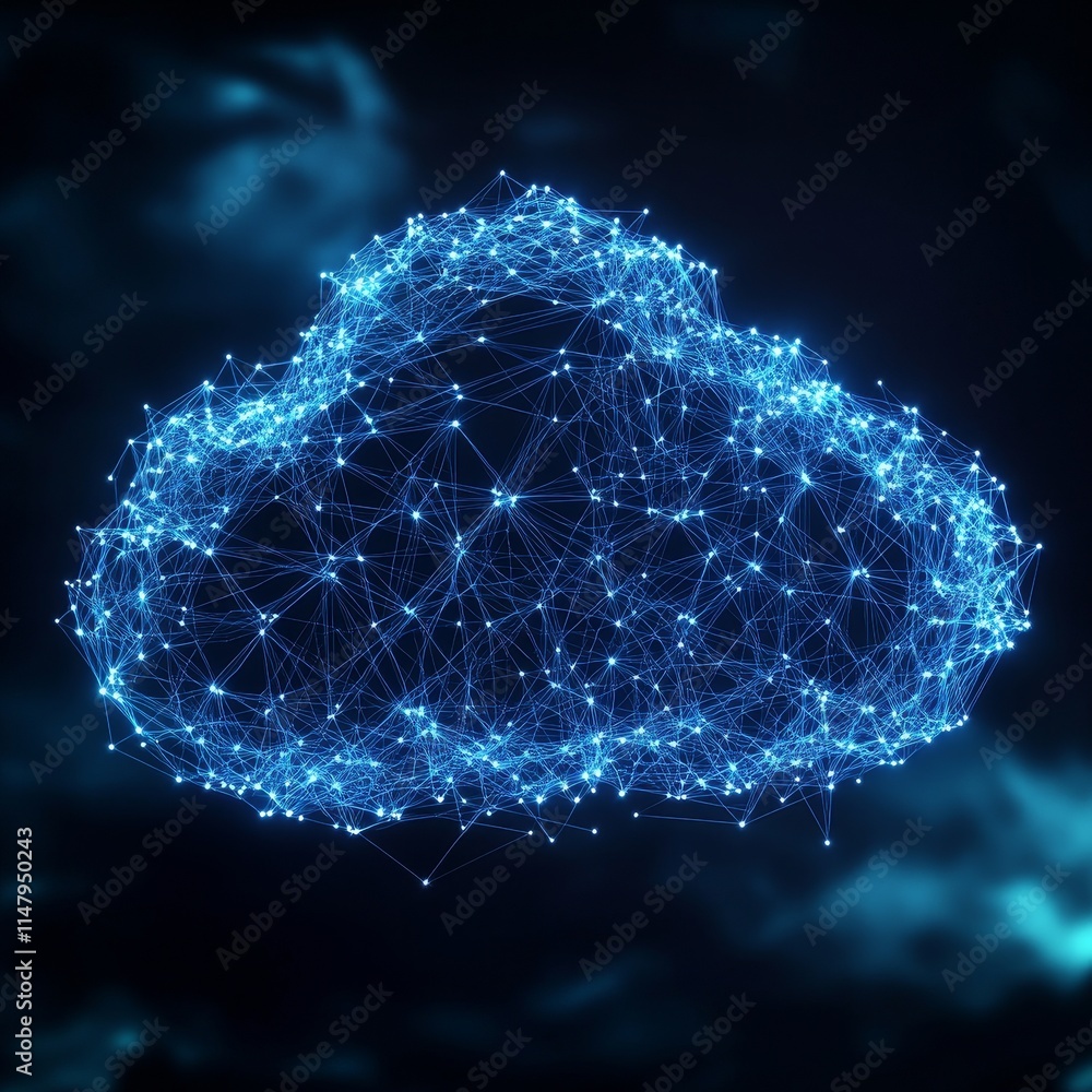 Poster digital cloud composed of glowing blue nodes and connections against a dark background representing 