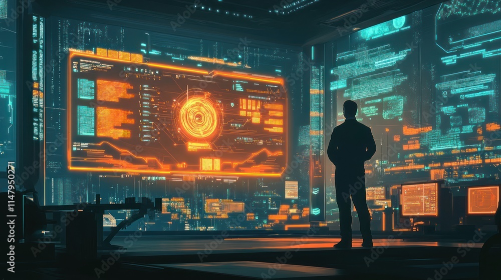 Aufkleber man observing futuristic digital interface in a control room.