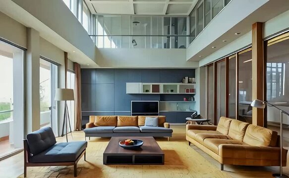 a living room with talli cellings. The interior fits the astetic of livable and eclectic brutalism