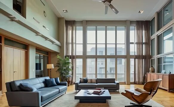 a living room with talli cellings. The interior fits the astetic of livable and eclectic brutalism