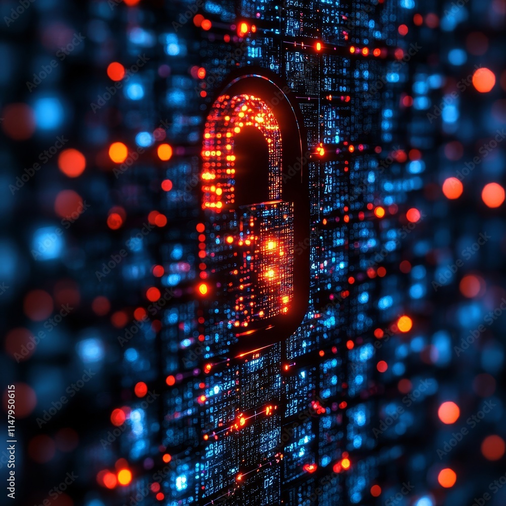 Poster digital lock embedded in a vibrant network of glowing data streams showcasing cybersecurity elements