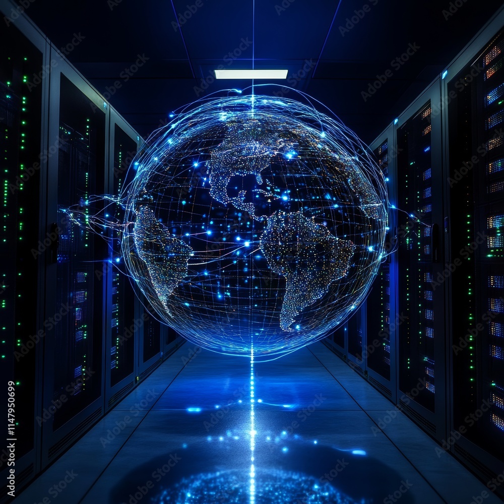 Poster digital globe representing global connectivity in a data center with servers, showcasing technology 