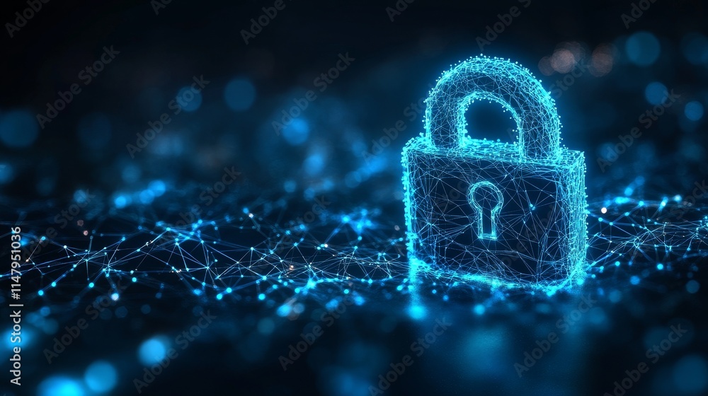Poster digital padlock symbolizing cybersecurity and data protection in a high-tech environment with a vibr