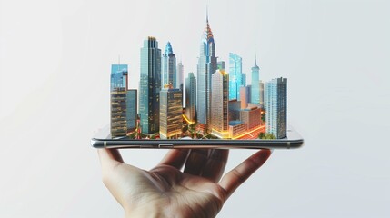 A vibrant modern city displayed on a smartphone in 3D view, held firmly by a woman's hand, isolated on a clean white background