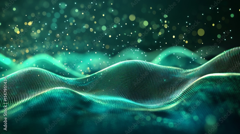 Poster digital waves of light in a dark background create a mesmerizing effect with glowing particles float