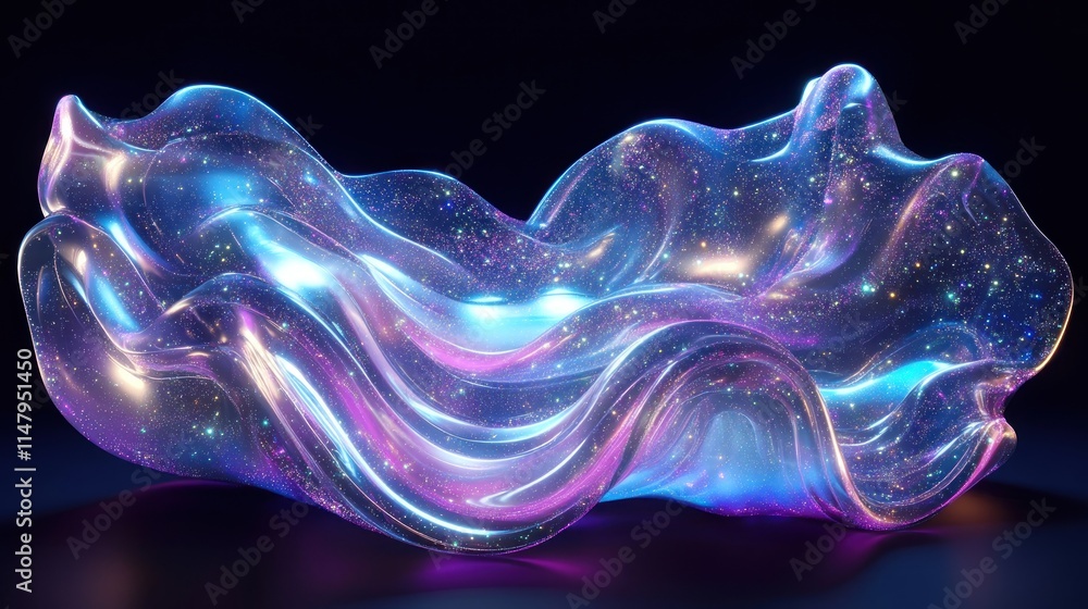 Aufkleber abstract iridescent liquid wave form with glowing particles.