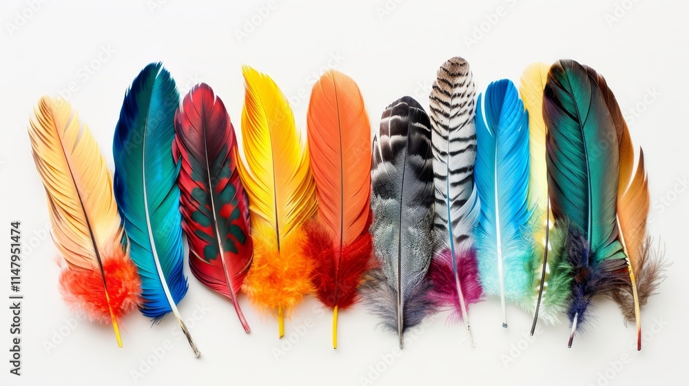 Poster a row of colorful feathers with a red feather in the middle. the feathers are arranged in a line