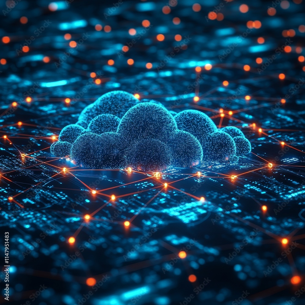 Poster exploration of digital cloud technology connecting global data networks in an abstract neon environm