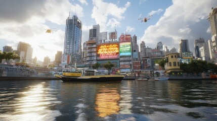 Fototapeta premium Vibrant cityscape waterfront with boats, helicopters, and skyscrapers reflecting in water.