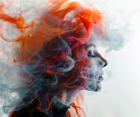 Surreal Portrait of Woman with Colorful Smoke Swirls - Creative Art Expression Photograph for Imaginative Design and Inspiration