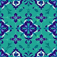 Vibrant Teal and Purple Floral Tile Pattern 