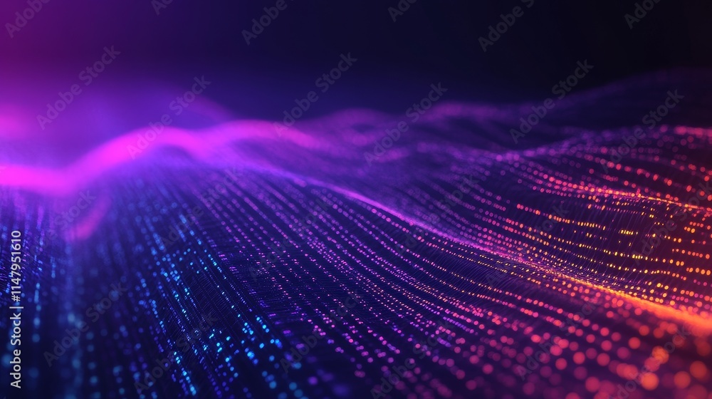 Poster vibrant waves of colorful light create a mesmerizing digital landscape in a dark background during a