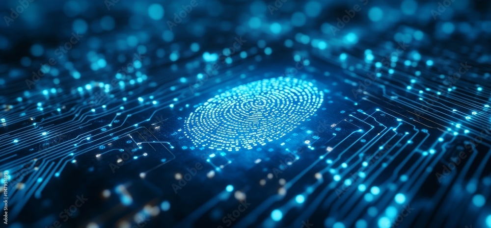 Poster digital fingerprint design on a circuit board with glowing blue lights illustrating technology and s