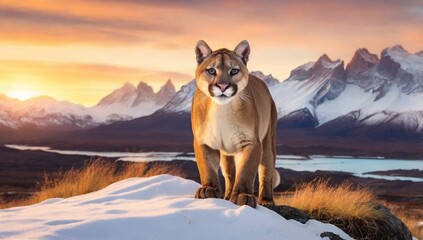 Puma, nature winter habitat with snow, Torres del Paine, Chile. Wild big cat Cougar, Puma concolor, Snow sunset light and dangerous animal. Wildlife nature.
