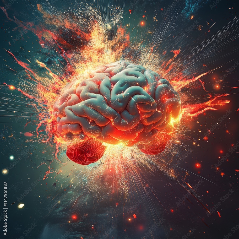 Poster Creative Digital Art Portrays an Exploding Brain Symbolizing Knowledge, Thought, and Imagination in a Dynamic Cosmic Background