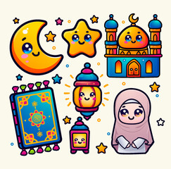 Beautiful cute doodle art cartoon ramadan kareem elements collection set