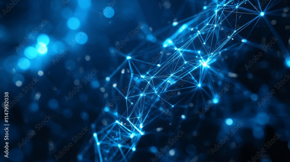 Poster digital network representation showcasing blue interconnected nodes and lines, illustrating technolo