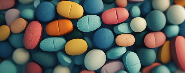 A lot of pills of different colors and shapes stacked together