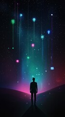 Obraz premium Futuristic minimalist scene with silhouette and holographic icons